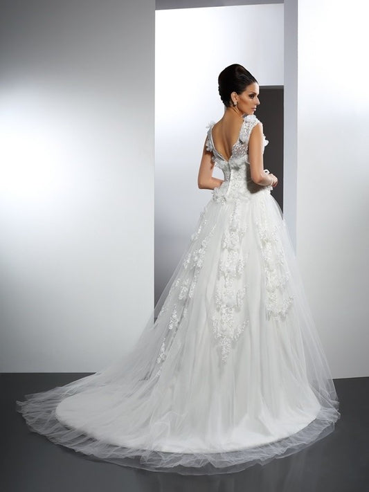 Long Straps Sleeveless A-Line/Princess Lace Satin Wedding Dresses