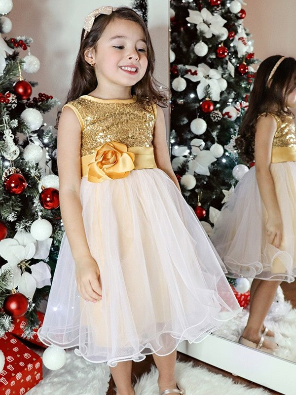 Organza A-Line/Princess Sleeveless Tea-Length Scoop Sequin Flower Girl Dresses