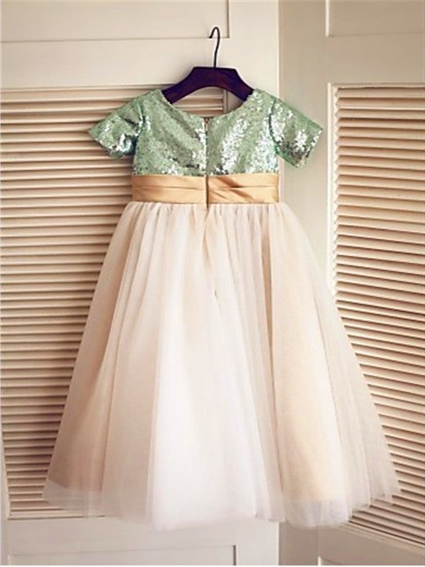 A-line/Princess Short Scoop Sequin Tulle Tea-Length Sleeves Flower Girl Dresses