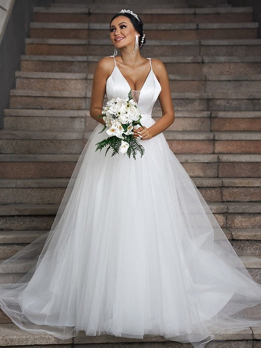 Ruffles Sleeveless Sweep/Brush V-neck Tulle A-Line/Princess Train Wedding Dresses