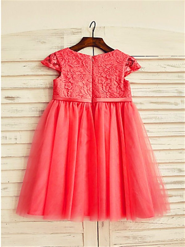 A-line/Princess Lace Scoop Tea-Length Tulle Short Sleeves Flower Girl Dresses