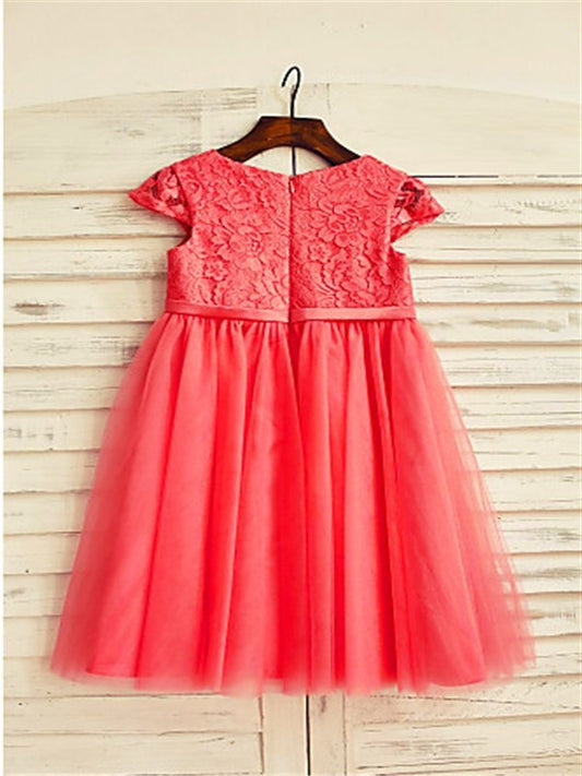 A-line/Princess Lace Scoop Tea-Length Tulle Short Sleeves Flower Girl Dresses