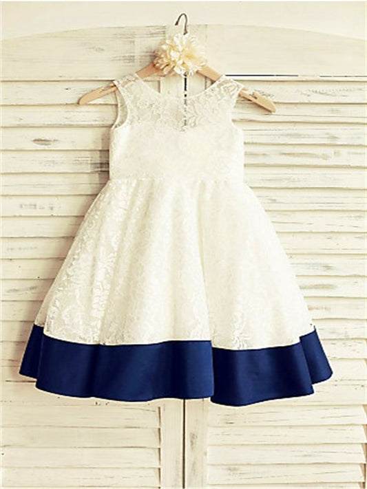 Lace A-line/Princess Bowknot Tea-Length Scoop Sleeveless Flower Girl Dresses