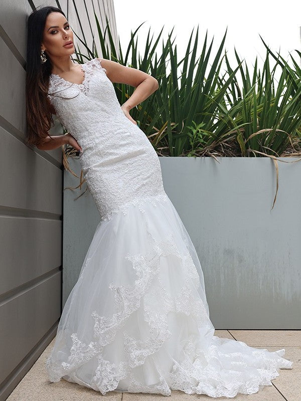 Lace Sweep/Brush Tulle Sleeveless Trumpet/Mermaid V-neck Train Wedding Dresses