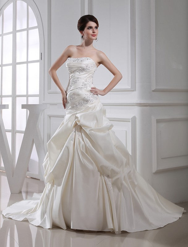 Long Beading Sleeveless Satin Trumpet/Mermaid Strapless Wedding Dresses