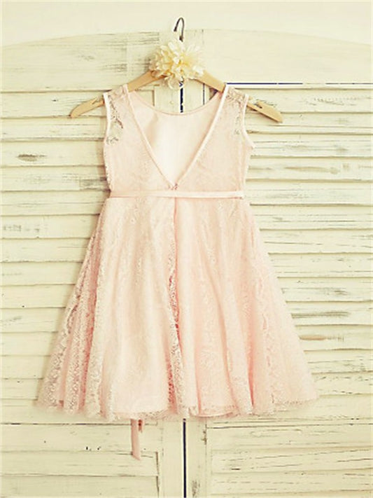 Sash/Ribbon/Belt Scoop A-line/Princess Sleeveless Tea-Length Lace Flower Girl Dresses