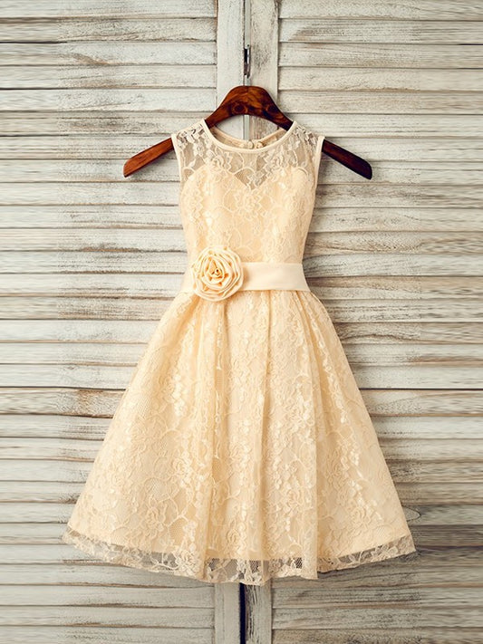 Sleeveless Lace Tea-Length Scoop A-Line/Princess Sash/Ribbon/Belt Flower Girl Dresses