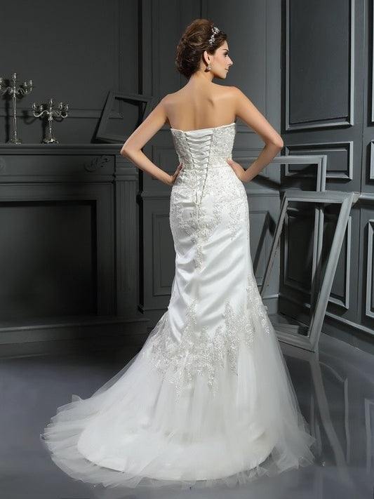 Applique Long Straps Trumpet/Mermaid Sleeveless Satin Wedding Dresses