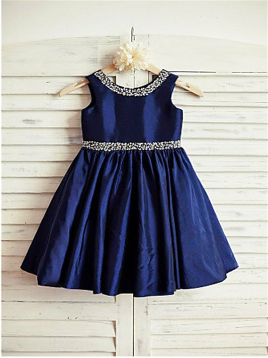 Sleeveless Tea-Length Rhinestone Taffeta A-line/Princess Scoop Flower Girl Dresses