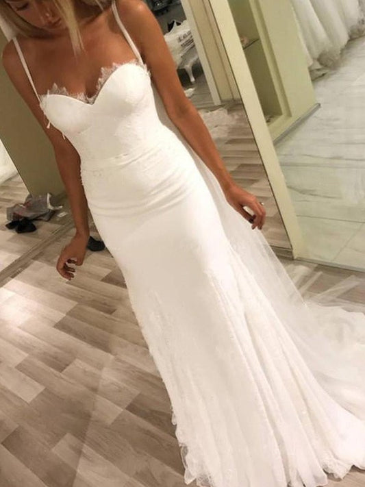 Spaghetti Sleeveless Sheath/Column Sweep/Brush Straps Sweetheart Train Lace Wedding Dresses