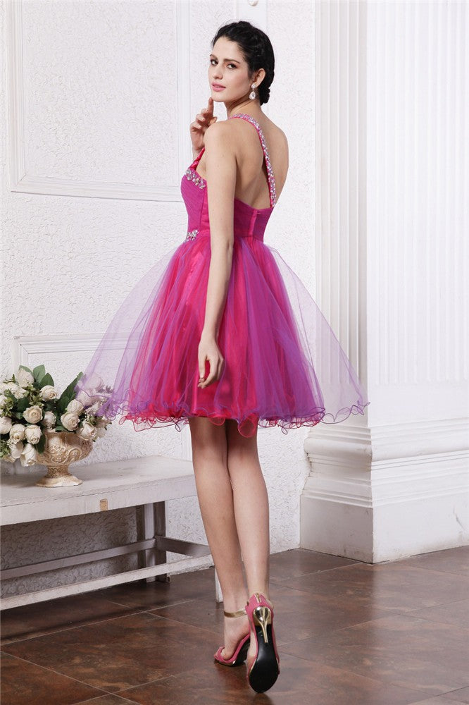 A-Line/Princess One-Shoulder Sleeveless Homecoming Dresses Beading Short Organza Harmony Cocktail Dresses