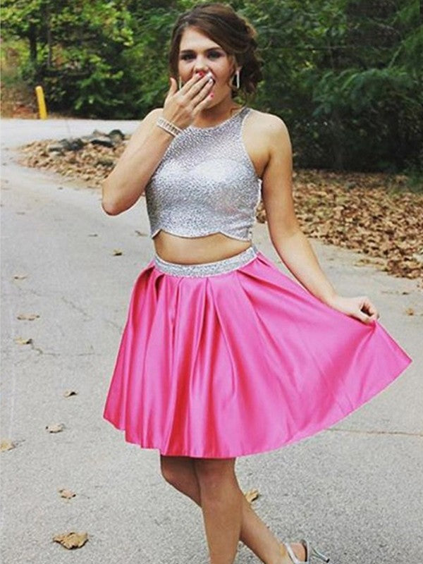 A-Line/Princess Sleeveless Scoop Beading Homecoming Dresses Satin Short/Mini Two Piece Leia Dresses