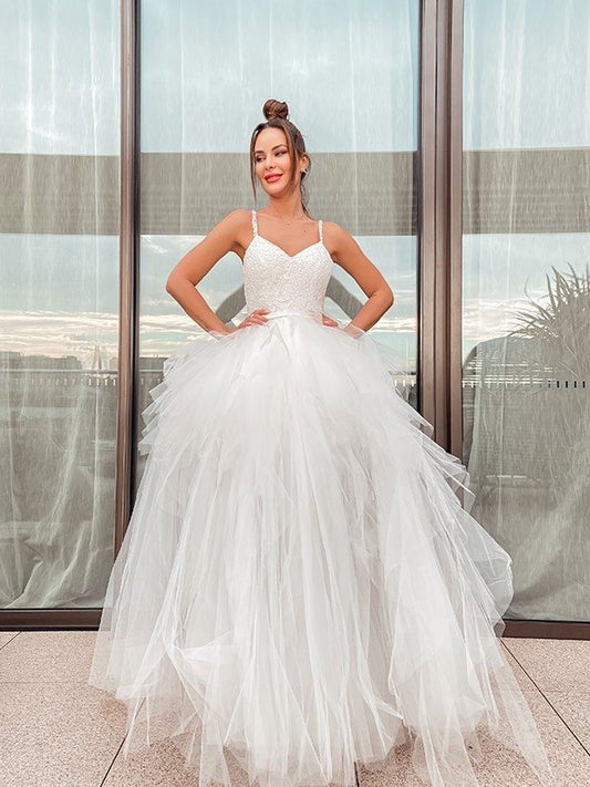 A-Line/Princess V-neck Sleeveless Ruched Tulle Floor-Length Wedding Dresses