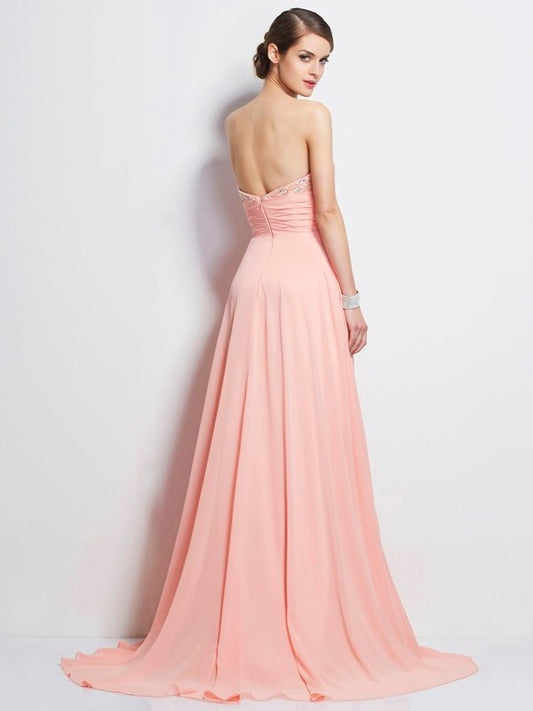 Sleeveless A-Line/Princess Sweetheart Beading Long Chiffon Dresses