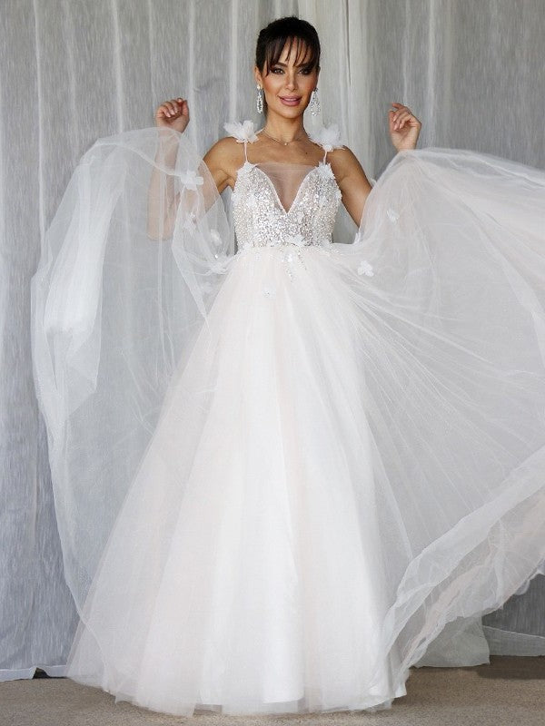 Beading A-Line/Princess Sleeveless Tulle V-neck Floor-Length Wedding Dresses