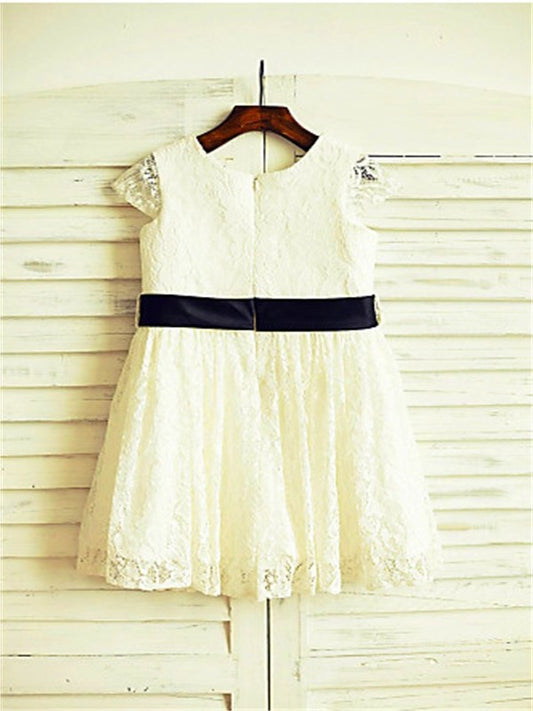 Hand-made Sleeves Lace Tea-Length A-line/Princess Short Scoop Flower Flower Girl Dresses