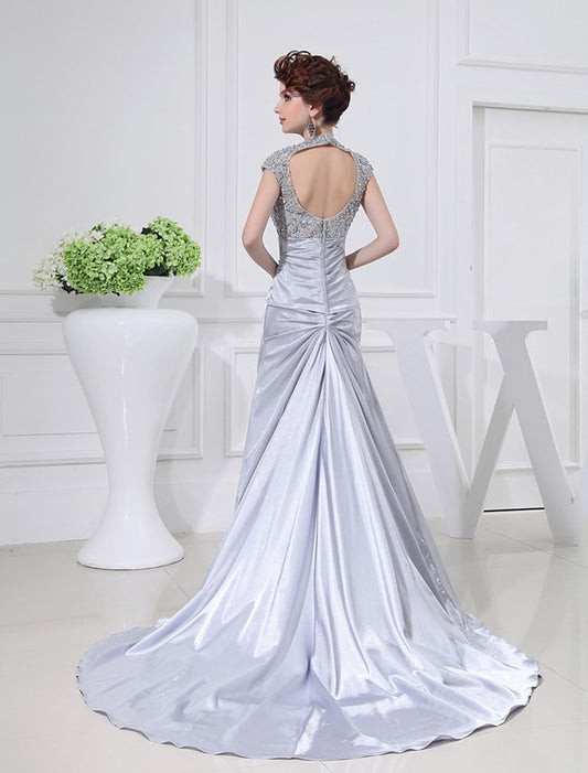 Elastic Beading Long Lace A-Line/Princess Scoop Woven Satin Dresses