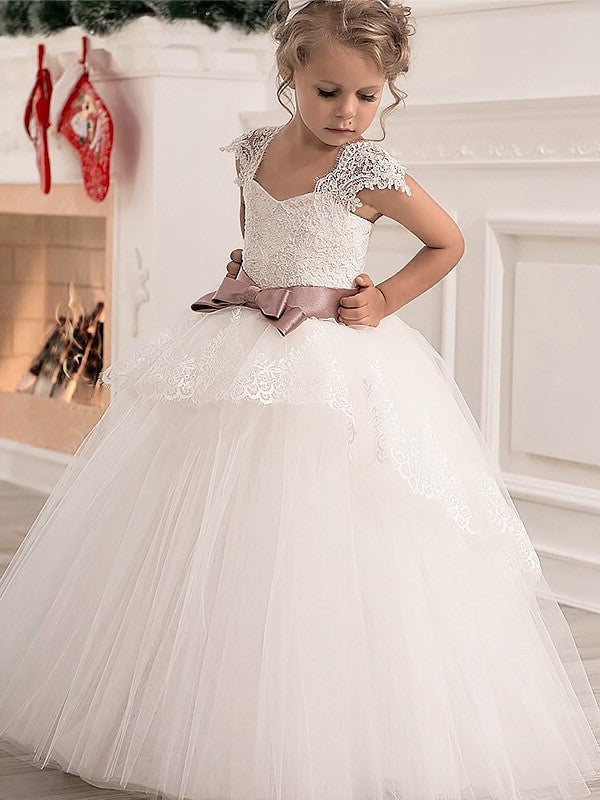 Ball Straps Floor-Length Gown Tulle Sash/Ribbon/Belt Sleeveless Flower Girl Dresses