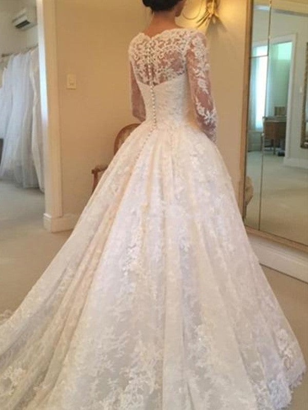 Scoop Train Ruffles Long Sleeves Ball Gown Cathedral Lace Wedding Dresses