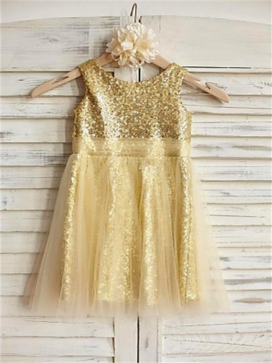 Tea-Length Sleeveless Sequins Scoop Ruffles A-line/Princess Flower Girl Dresses