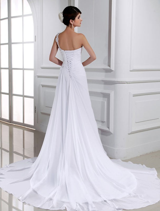 One-shoulder A-Line/Princess Long Beading Sleeveless Chiffon Wedding Dresses