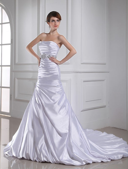 Elastic Trumpet/Mermaid Beading Sleeveless Strapless Woven Applique Satin Wedding Dresses