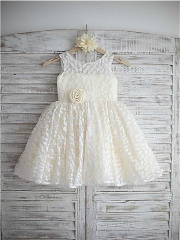 Tea-Length Lace Flower Hand-made A-line/Princess Scoop Sleeveless Flower Girl Dresses