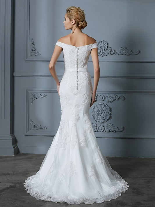 Sleeveless Off-the-Shoulder Train Trumpet/Mermaid Sweep/Brush Lace Tulle Wedding Dresses