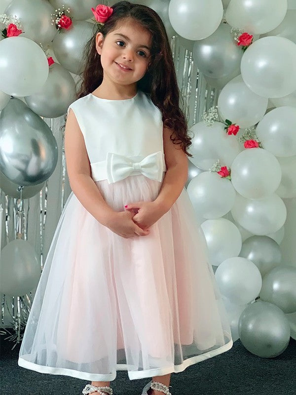 Organza Scoop Tea-Length A-Line/Princess Sleeveless Bowknot Flower Girl Dresses