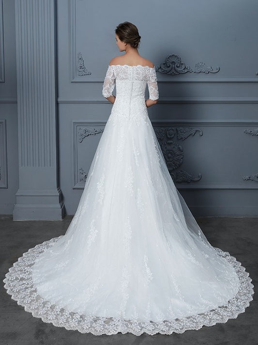 Gown Off-the-Shoulder Beading Sleeves Train 1/2 Court Ball Lace Wedding Dresses