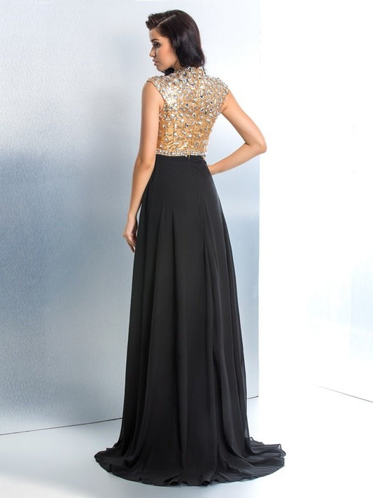 V-neck Sleeveless Rhinestone A-Line/Princess Long Chiffon Dresses