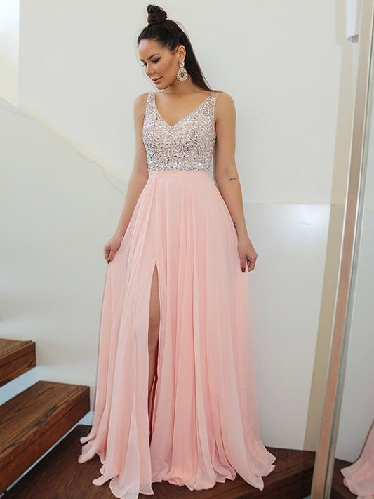 Sleeveless Beading Straps A-Line/Princess Chiffon Floor-Length Dresses