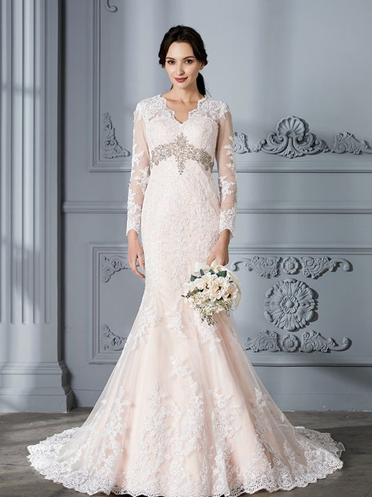 Long V-Neck Trumpet/Mermaid Sleeves Sweep/Brush Train Beading Tulle Wedding Dresses