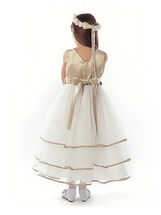 Sleeveless A-line/Princess Tulle V-neck Ankle-Length Flower Girl Dresses