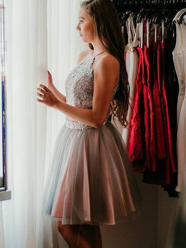 Tulle A-Line/Princess Halter Applique Sleeveless Short/Mini Two Piece Dresses