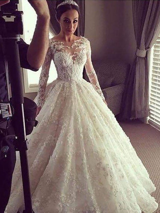 Ball Gown Long Scoop Train Sleeves Court Lace Wedding Dresses