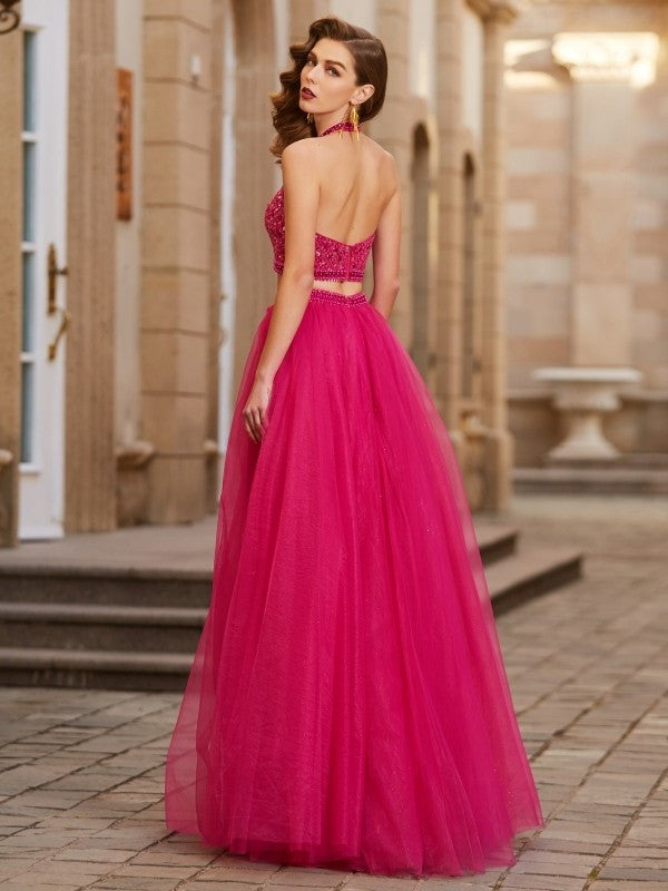 Floor-Length Halter Sleeveless Beading A-Line/Princess Tulle Two Piece Dresses