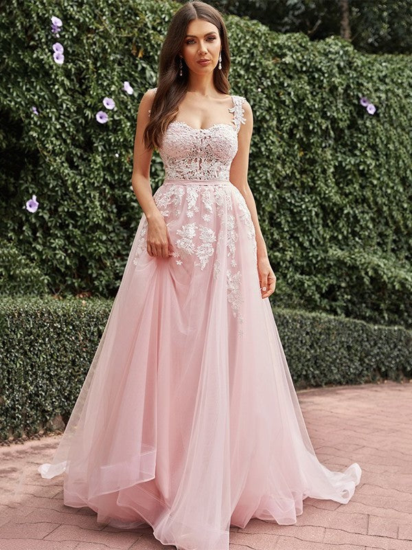 A-Line/Princess Tulle Sleeveless Straps Applique Sweep/Brush Train Wedding Dresses