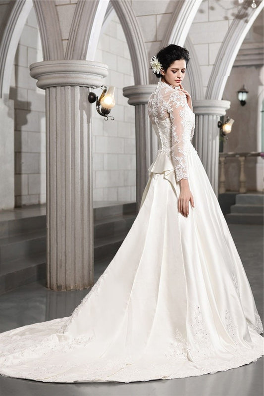 Long A-Line/Princess Sleeves Beading Long Applique Satin Wedding Dresses