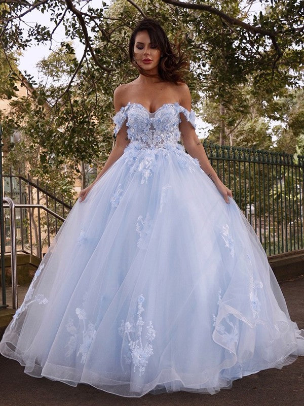 Ball Gown Sleeveless Off-the-Shoulder Applique Tulle Sweep/Brush Train Dresses