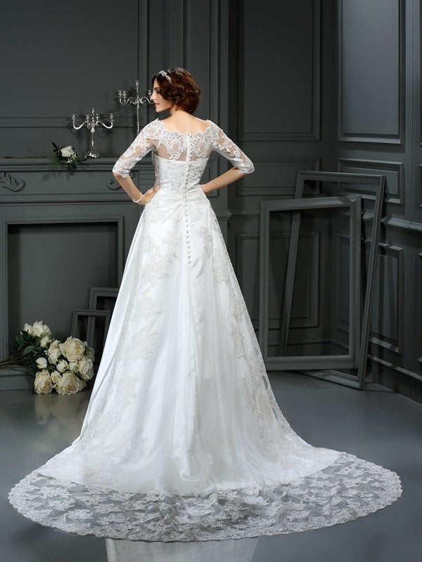 1/2 Sleeves Long Bateau A-Line/Princess Lace Satin Wedding Dresses