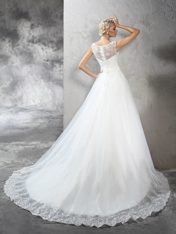 Ball Long Gown Sleeveless Sheer Neck Sash/Ribbon/Belt Net Wedding Dresses