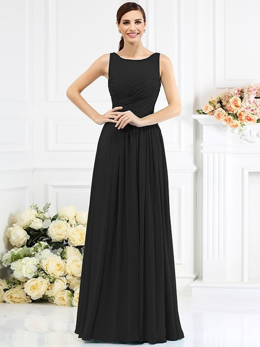 Sleeveless Pleats Bateau A-Line/Princess Long Chiffon Bridesmaid Dresses