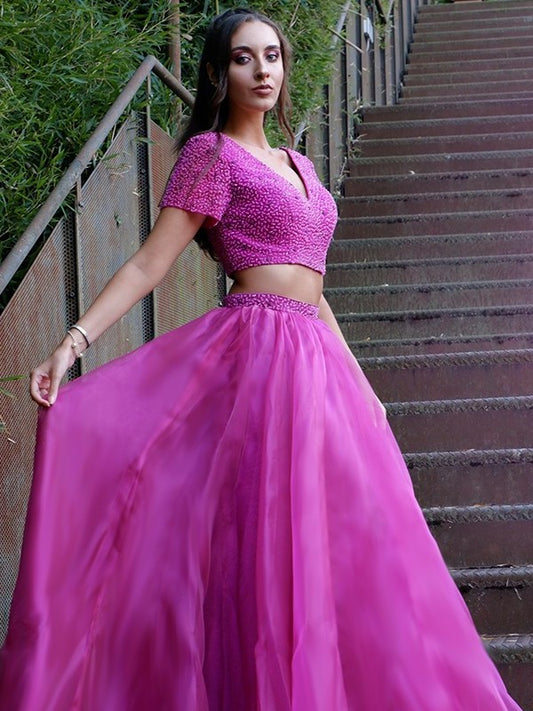 V-neck Short Beading Sleeves Tulle Floor-Length A-Line/Princess Two Piece Dresses