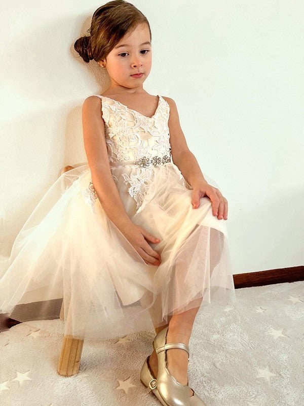 Lace Knee-Length V-neck Tulle A-Line/Princess Sleeveless Flower Girl Dresses