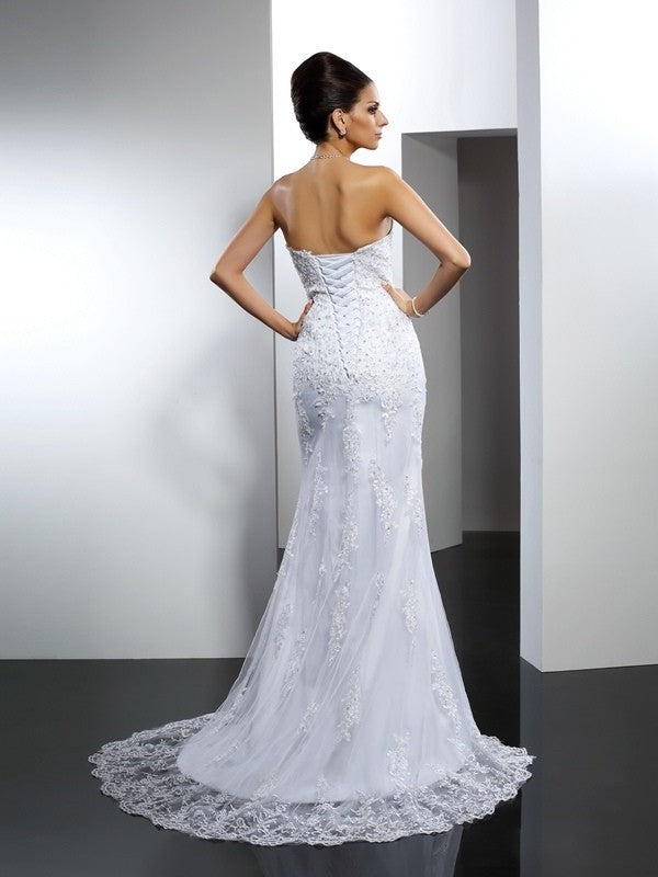 Long Trumpet/Mermaid Lace Sleeveless Sweetheart Satin Wedding Dresses