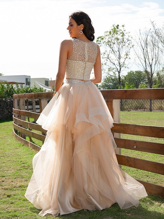 Scoop Floor-Length Sleeveless A-Line/Princess Beading Tulle Two Piece Dresses