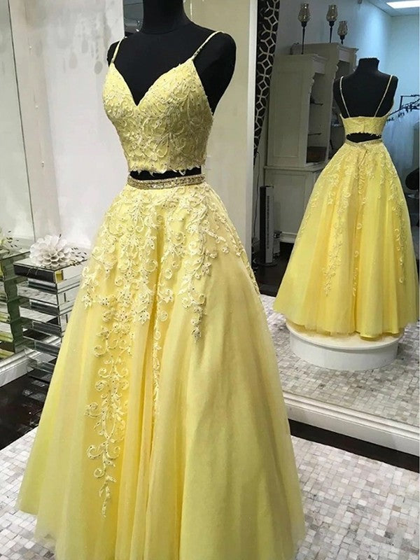 Sleeveless V-neck Applique A-Line/Princess Floor-Length Tulle Two Piece Dresses