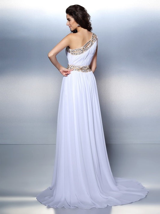 Beading A-Line/Princess One-Shoulder Sleeveless Long Chiffon Dresses