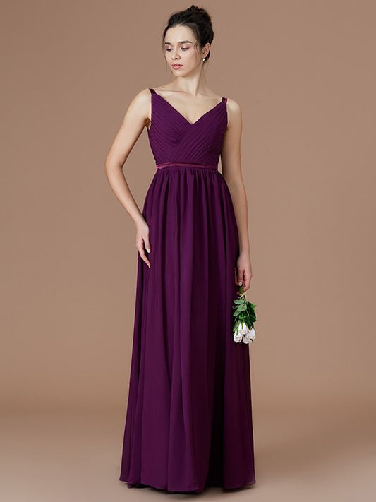 Sleeveless Ruched V-neck A-Line/Princess Floor-Length Chiffon Bridesmaid Dresses